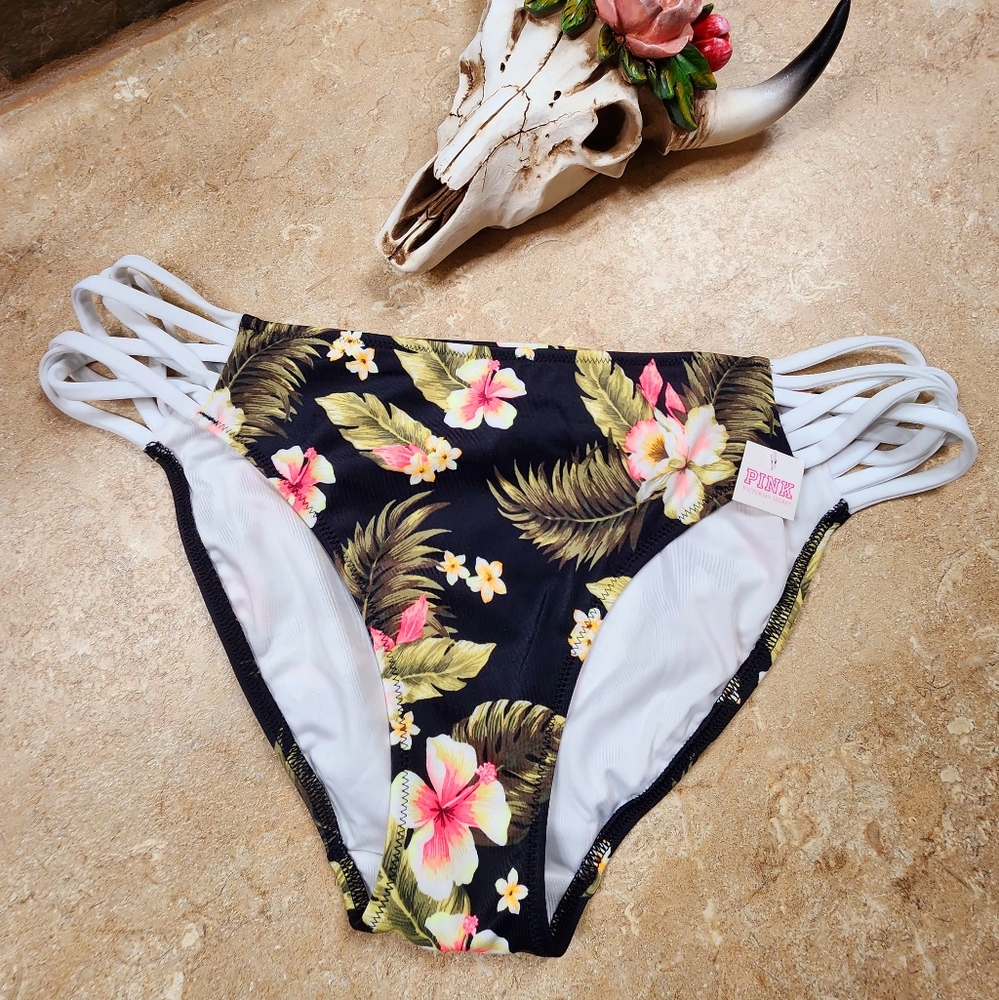 NWT PINK Victoria's Secret Strappy Black Floral  Bikini Swim Bottoms Size Medium